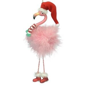 Pink Flamingo in Santa Hat and Feathers Christmas Holiday Ornament NWT